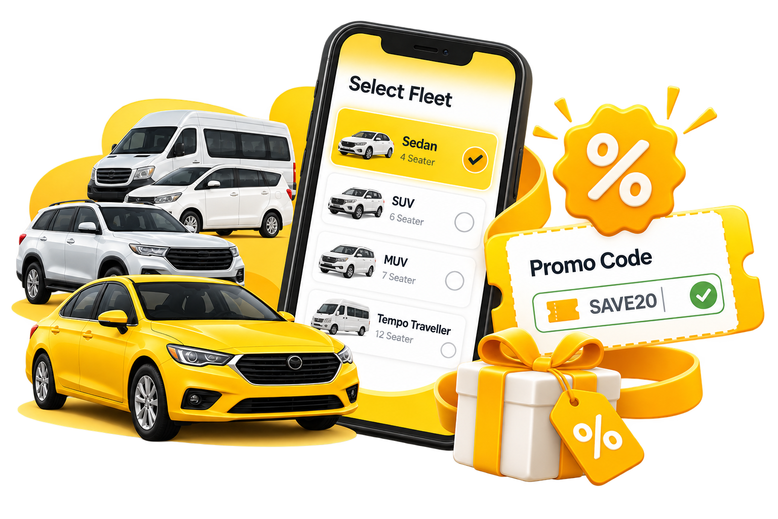 Add Booking screen with passenger information, booking type, pickup location, drop location, journey time, promo code and fleet selection