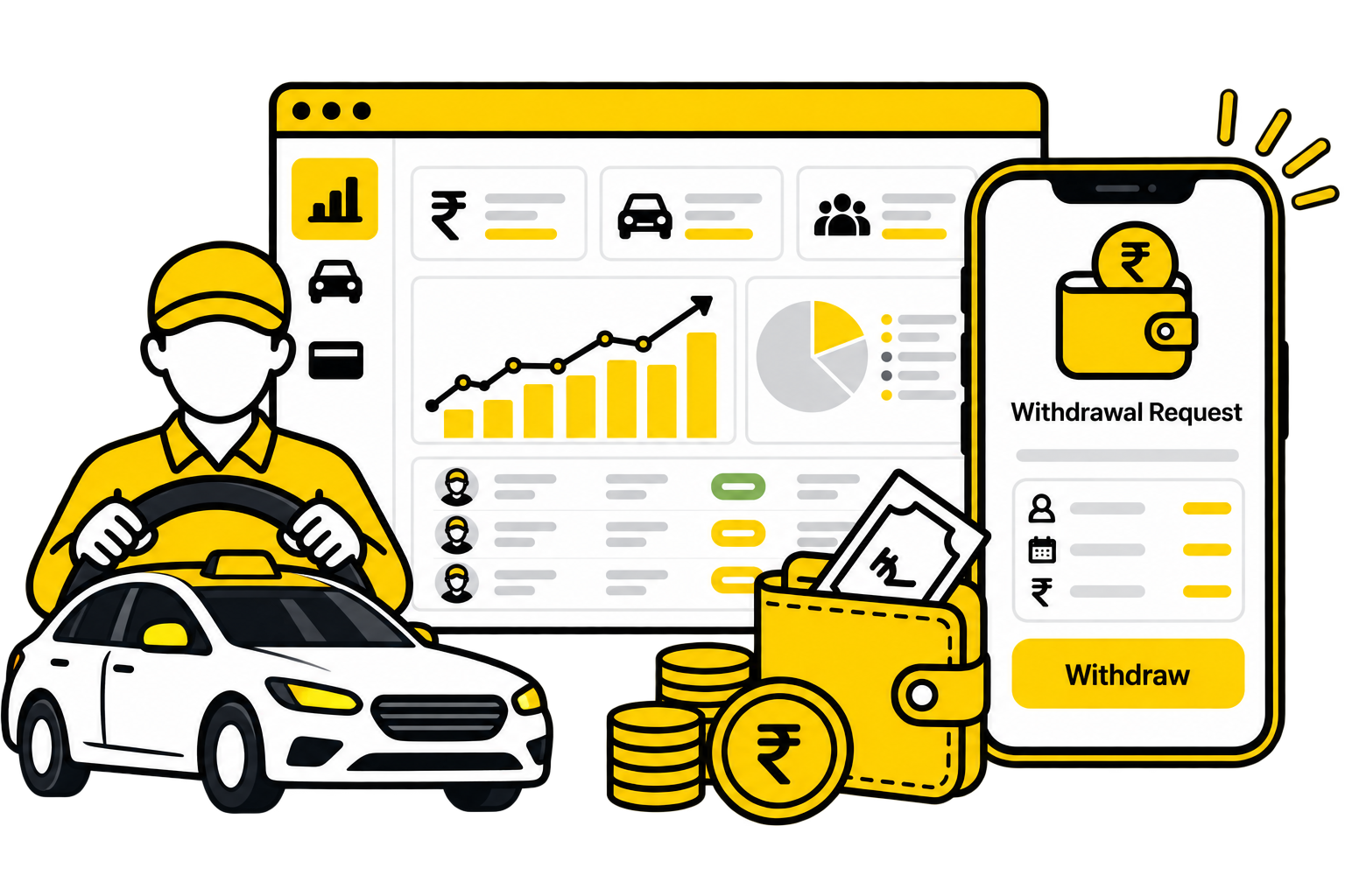 Taxi admin dashboard counters showing total revenue, total commission, total trips, total customers, completed trips, total drivers, dispatchers, cancelled trips and online driver count