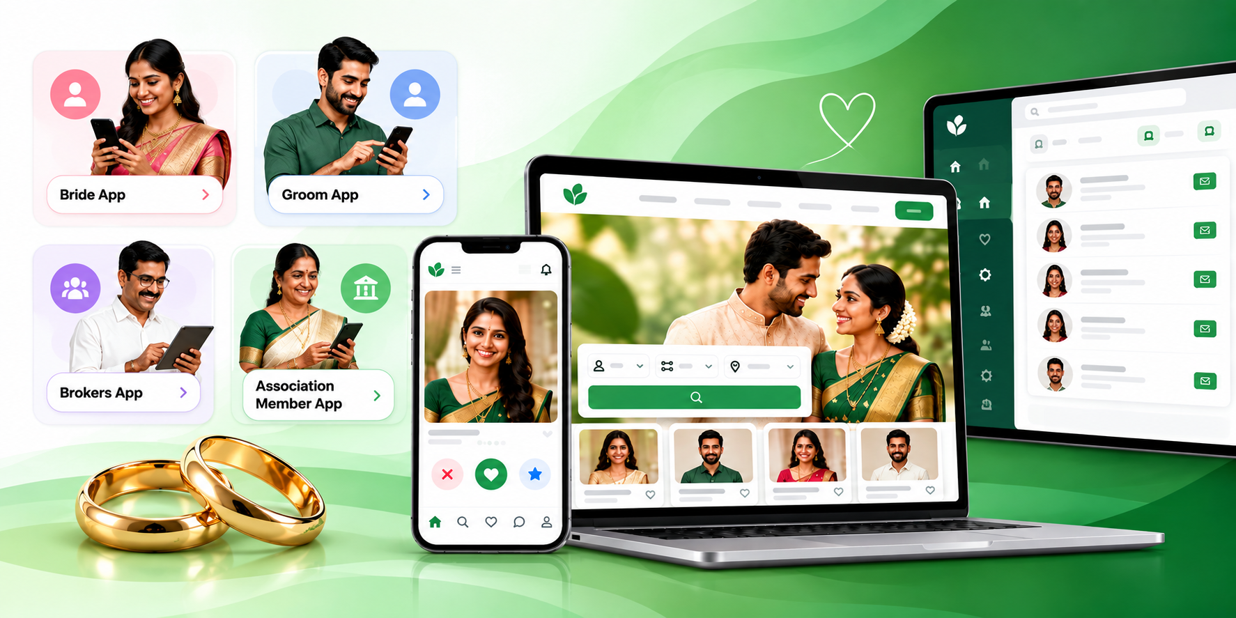 Matrimony website search screen with age, community, religion, mother tongue, education and location filters beside verified member profiles