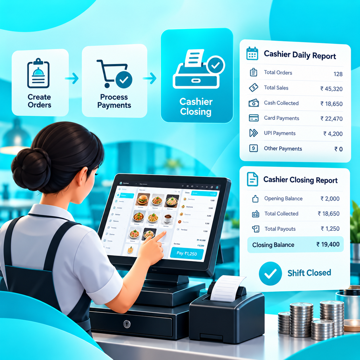 Restaurant POS screen with dine-in, delivery, takeaway and corporate sale controls