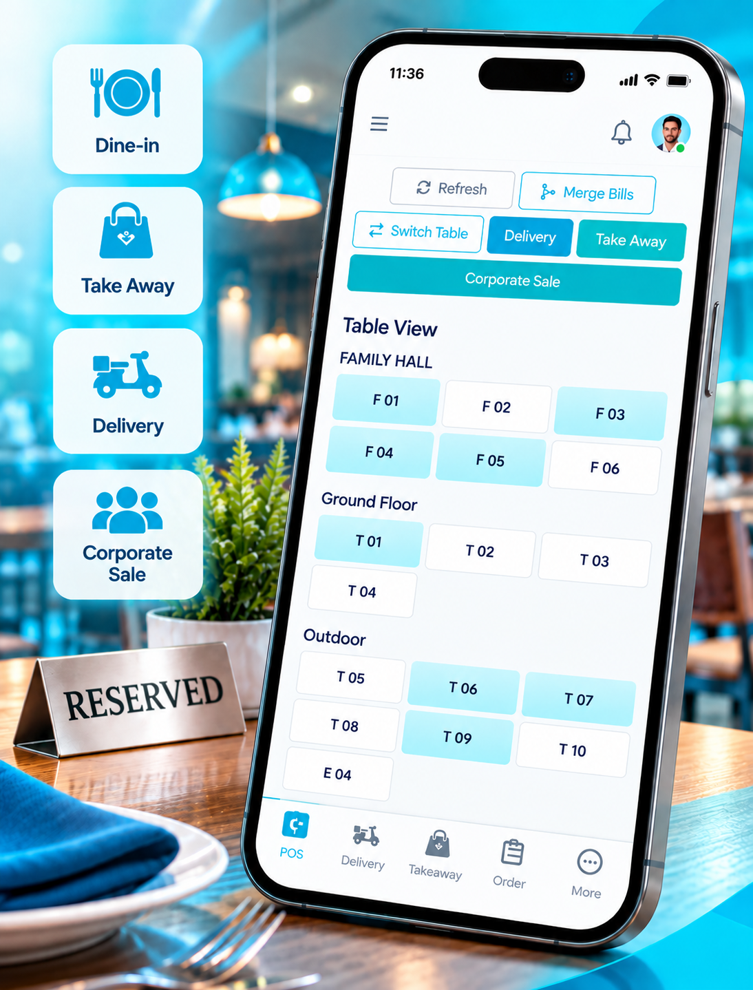 Restaurant POS table view showing Family Hall, Ground Floor and Outdoor areas with table occupancy, Merge Bills and Switch Table controls