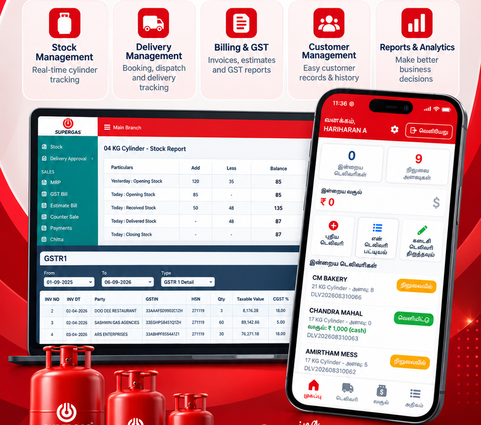 Gas agency management software: web dashboard with cylinder stock report and the Tamil delivery mobile app