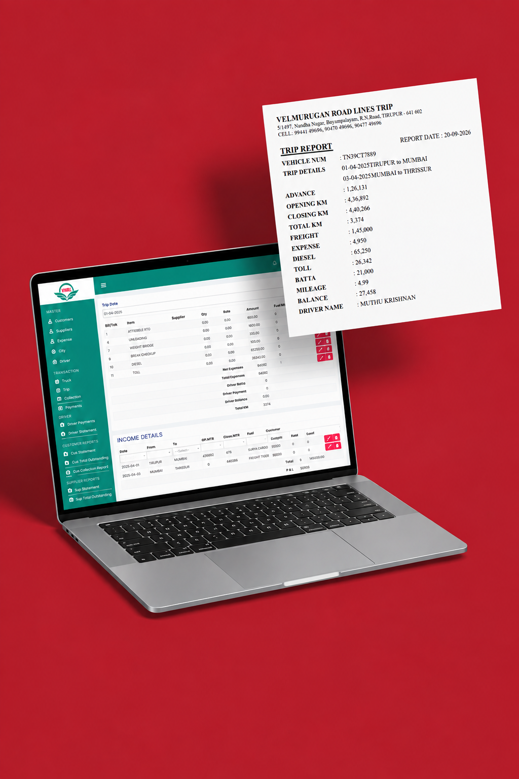 Truck trip software with a trip report